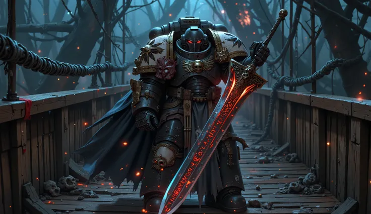 A powerful BlackT40k space marine, wrapped in ragged tatters, dark power armor, the one with a faint, eerie glow, stands on a creaking wooden bridge. He raises the tip of a massive, rune-engraved sword menacingly at the camera, the blade crackles with dark...