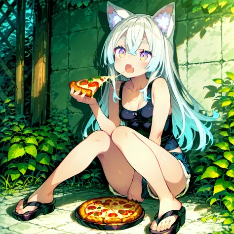 ((Masterpiece)), ((best quality, very aesthetic, absurdres, newest, detailed background)), (profile), (8K), ((1girl)), (cute young girl), (Healthy Gaunt body, Textured skin, small breast, tilt head), ((platinum-gold hair)), (double-parted bangs, crossed ba...
