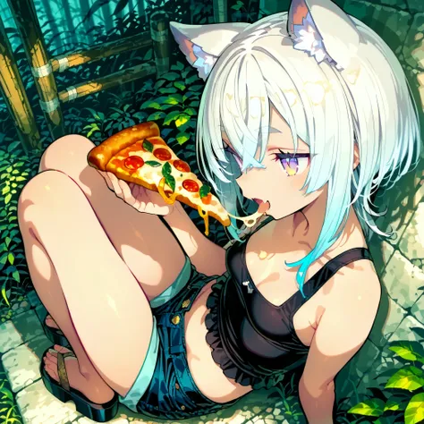 ((Masterpiece)), ((best quality, very aesthetic, absurdres, newest, detailed background)), (profile), (8K), ((1girl)), (cute young girl), (Healthy Gaunt body, Textured skin, small breast, tilt head), ((platinum-gold hair)), (double-parted bangs, crossed ba...