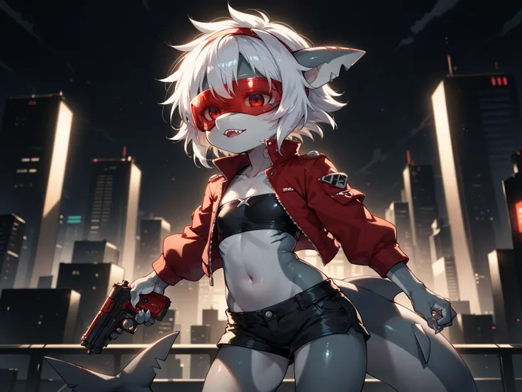 (((Furry))), ((anthro)), ((shark)), solo, young, cub, chibi, flat chest, ((grey skin)), red eyes, (short snout), (((white spiky hair))), ((white hair)), (shark ears), fangs. Black short shorts, black tube top, (red open jacket), ((wearing red visor)), ((pi...