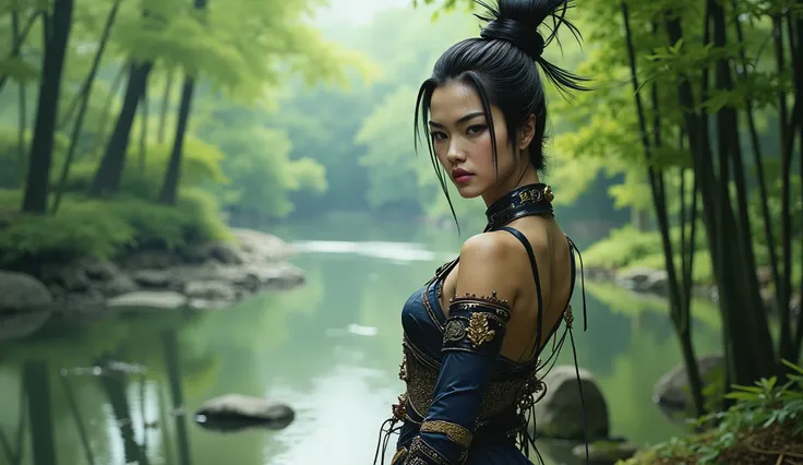 Asian Samurai girl, beautiful face, perfect body, river, Bamboo trees, Japanese forest background, sexy, seductive, high detail, masterpiece.