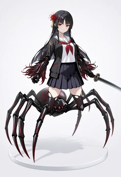 Arachne Girl. Black hair. Straight bangs. Long hair. Red spider lily hair accessory. White Japanese school uniform. Black Japanese kimono jacket. Black spider legs. Armored arms. Sharp claws. Weapon held: Sword.