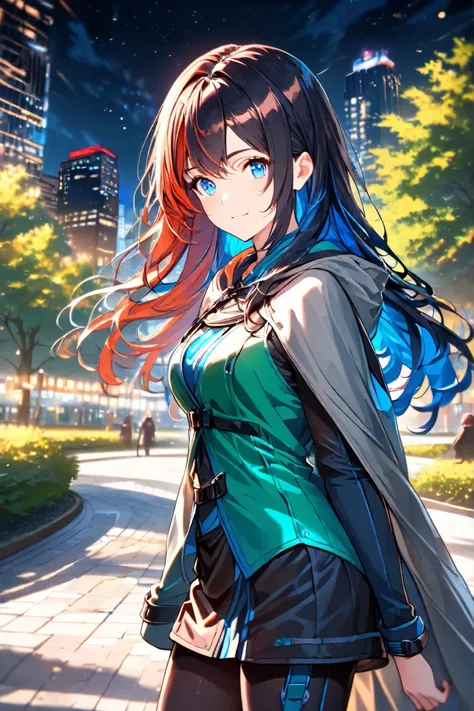 High Resolution, Best Quality, Super Detailed, Masterpiece, 4K, city park, night, 1girl, black hair, ((Auburn hair)), blue hair, black hair, long hair, multiple colored hair, blue eyes, medium breasts, grey cloak, green coat, cyan vest, black leggings, hik...