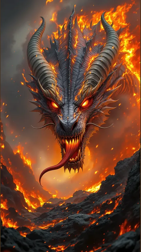 A fearsome, hyper-realistic fire dragon emerging from a blazing inferno, its enormous head covered in rugged, battle-worn scales. The dragon’s glowing molten eyes radiate intense heat, and its long, forked tongue flickers like a serpent’s.