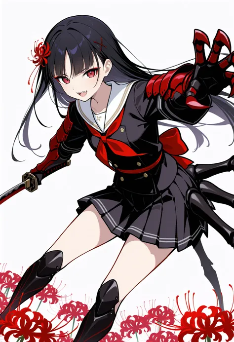 Arachne Girl. Black hair. Straight bangs. Long hair. Red spider lily hair accessory. White Japanese school uniform. Black Japanese kimono jacket. Black spider legs. Armored arms. Sharp claws. Weapon held: Sword.