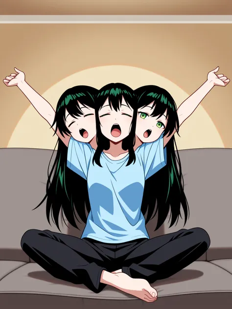 anime girl with three heads, conjoined, black hair, green eyes, eyes closed, open mouth, yawning, relaxed, arms stretched up, hands over head, blue t-shirt, black pants, sitting on a couch, living room