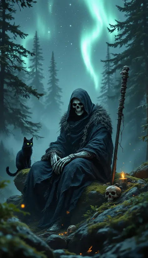 A skeletal figure cloaked in tattered, fur-lined robes sits on a moss-covered rock in a dense, enchanted forest. The figure, resembling the Grim Reaper, holds a curved scythe resting beside it, exuding an aura of ancient wisdom. A mysterious black cat with...