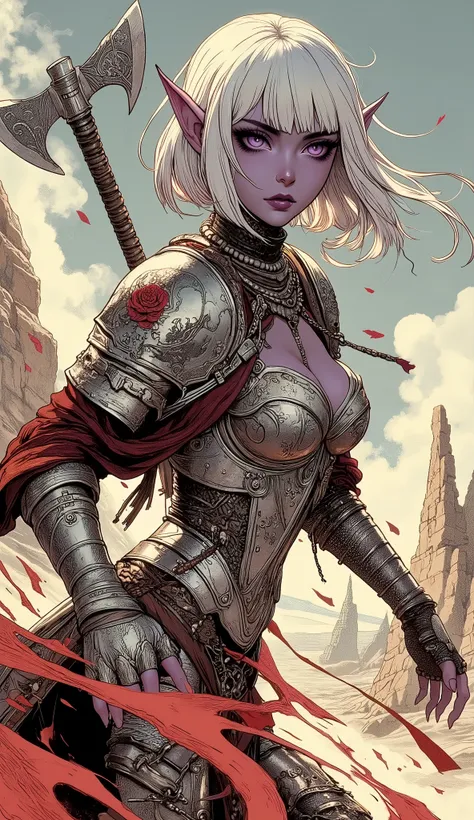 (A fusion of Ukiyo-e and dark fantasy. Aesthetic and gothic digital art. Illustrations are drawn from the perspective of looking up diagonally from the ground.) BREAK 
(White hair. Blunt bangs. White eyebrows. Long white eyelashes. Almond-shaped eyes. Lave...
