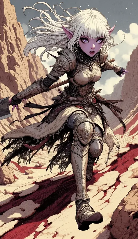 (A fusion of Ukiyo-e and dark fantasy. Aesthetic and gothic digital art. Illustrations are drawn from the perspective of looking up diagonally from the ground.) BREAK 
(White hair. Blunt bangs. White eyebrows. Long white eyelashes. Almond-shaped eyes. Lave...