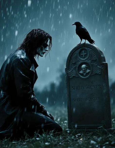 A Brandon Lee–inspired figure as Eric Draven from The Crow, kneeling in anguished silence before the gravestone of Shelly Webster, in the pouring rain beneath a moonless night sky. His face is painted ghostly white, with blackened lips and signature markin...