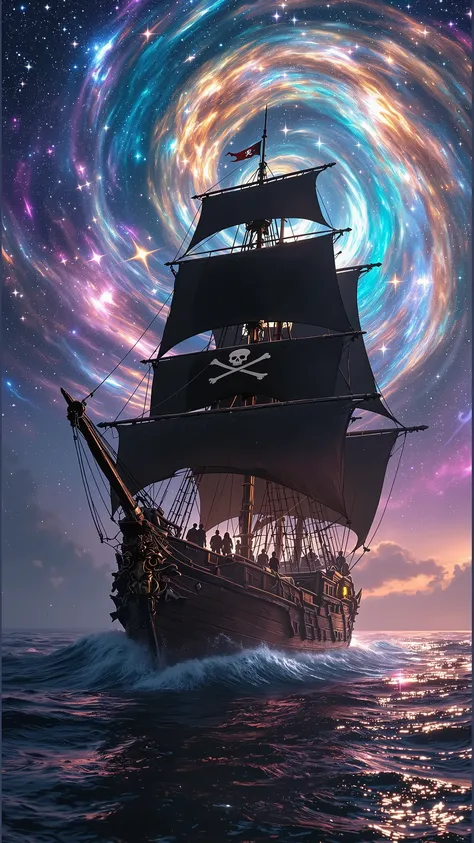 An **epic, ultra-high-definition 4K scene** of a **majestic pirate ship**, its **towering black sails billowing in the cosmic wind**, sailing through a **mesmerizing bioluminescent sea** under a **breathtaking galactic sky**. The ship’s **weathered wooden ...