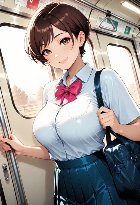 htm,1 woman, cool school girl:1.2, Dance Motion, school bag, Dutch Angle, brown hair, Pixie Cut, Big breasts, (Smile), perfect body, shirt, Bowtie, pleated skirt, Delicate decoration, piercings, Inside the Train, warm light, brightly colored, Photogenic, s...