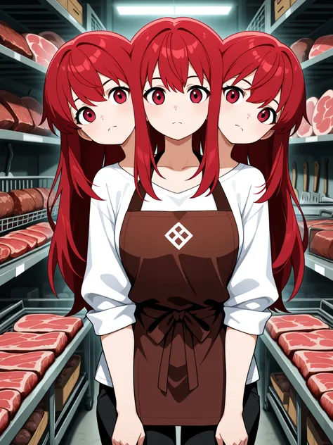 anime girl with three heads, conjoined, butcher, red hair, shoulder length hair, brown apron, white shirt, black long pants, butcher shop storage room, meat racks in background