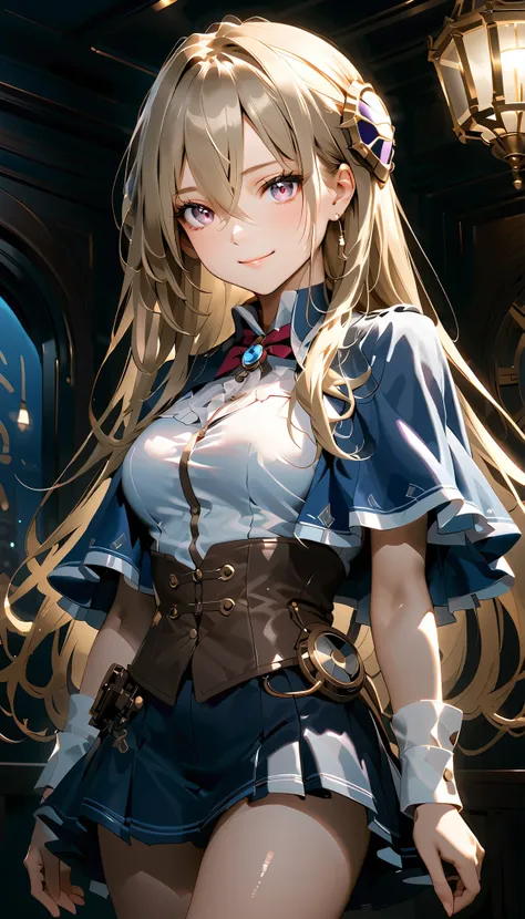 ( masterpiece,  High Definition,  high resolution )  full body,  perfect lighting , bright eyes and delicate and beautiful face , Ultra Details, Beautiful Chest and Waist  ,  Beautiful Legs and Thin Sculptural Body, long hair、purple eyes、hair between eyes、...