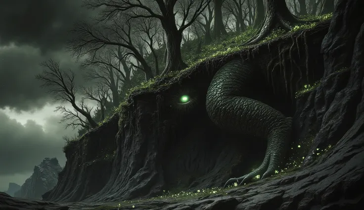 junji ito style,A high fantasy concept art illustration of a dark, mysterious forest growing on the back of a colossal, earth-crawling dragon. The sky is heavy with dense, overcast clouds, casting a gloomy, dramatic light. The forest is teeming with grotes...