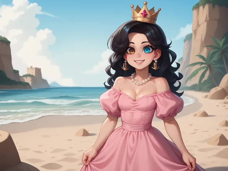 score_9, score_8, female, cleavage, 1girl, solo, (masterpiece, best quality, hd, 32k), cute, thigh gap, best quality, realistic, high-quality, cute smile, tight clothing, black hair, light skin , princess, pink dress, gold crown, pearl necklace, sand castl...