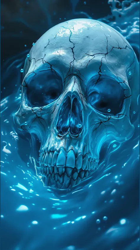 A **hyper-realistic, cinematic masterpiece** of a **white skull sinking into a pit of blue slime**, captured from a **low-angle perspective** to emphasize the **depth and eerie immersion** of the scene. The **skull appears battered and weathered**, with **...