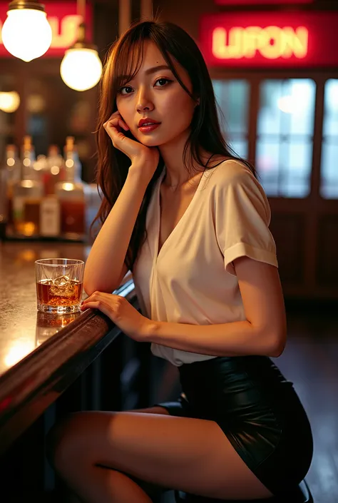  Japanese Women、 slender figure、 NSFW beautiful skin 、Full Body、top quality、 super high resolution、 A beautiful and elaborate face shines in my eyes、 Beautiful and healthy skin、 skin texture、Night Bar with Contents、sit at the counter、 white shirt、cleavage ...