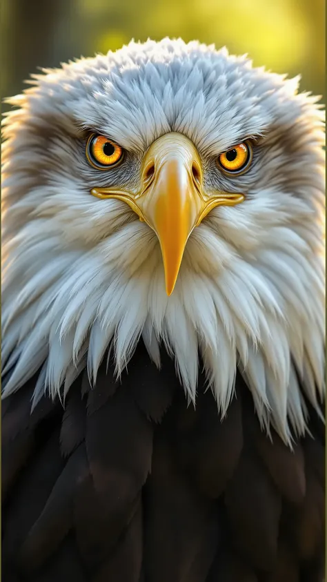 A **hyper-detailed, ultra-realistic portrait** of a **majestic Bald Eagle**, captured in **golden-hour sunlight** with stunning clarity. The eagle’s **piercing yellow eyes** are razor-sharp and filled with intensity, exuding **focus and dominance**. Each *...