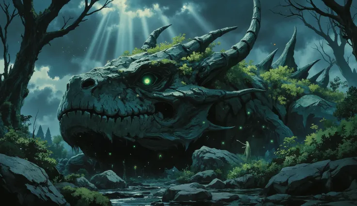 ghibli style,Epic dark fantasy concept art masterpiece. A biomechanical forest of grotesque, skeletal trees and phosphorescent flora grows upon the colossal, moss-covered carapace of a slumbering, mountain-sized Earth Dragon. The atmosphere is thick with m...