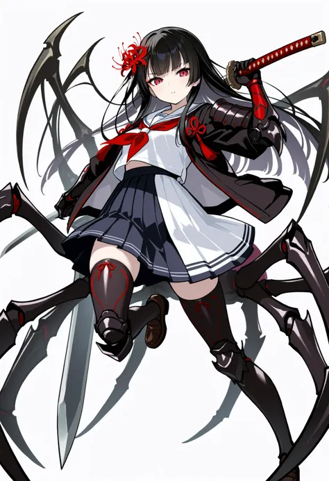 Arachne Girl. Black hair. Straight bangs. Long hair. Red spider lily hair accessory. White Japanese school uniform. Black Japanese kimono jacket. Black spider legs. Armored arms. Sharp claws. Weapon held: Sword.