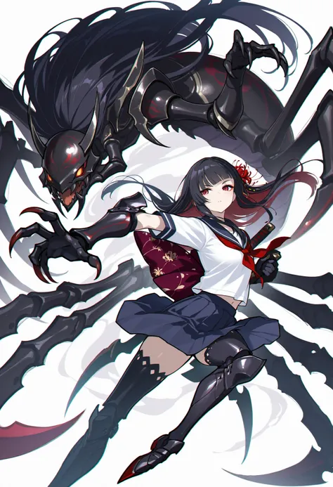 Arachne Girl. Black hair. Straight bangs. Long hair. Red spider lily hair accessory. White Japanese school uniform. Black Japanese kimono jacket. Black spider legs. Armored arms. Sharp claws. Weapon held: Sword.