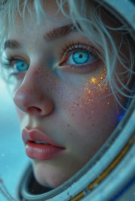 (Close-up of a masterpiece:1.5)0.9]，(Space and astronauts:1.2) (Messy silver hair:1.1) (Heterochromia yellow blue eyes:1.2) (Casque spatial:1.0) (Colorful stars in the eyes:1.0111) (Dazzling light:1.1) (Thick lip:0.9)