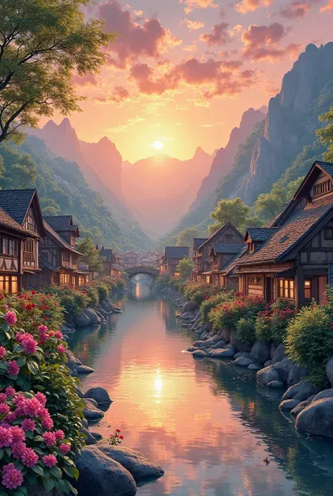 , a small riverside village，The background is mountains，Flowers bloom，Vivid colors，Detailed scenery，Beautiful natural landscape，Ambiance Lighting，Scorching sunset，a warm color palette，utility，utility摄影，Delicate leaves，Complex architecture ， cobblestone str...