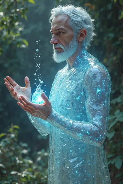 Draw me an imaginary character, a glass character, a 28-year-old man with a very light beard, and he is a healer in the DND world.