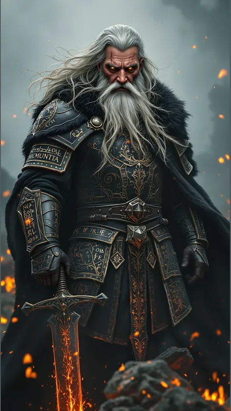 A powerful, battle-hardened elder warrior stands amidst the embers of a fading battlefield. His long, silver hair flows wildly, partially covering his weathered face, etched with deep scars that tell of countless battles. His piercing eyes burn with wisdom...