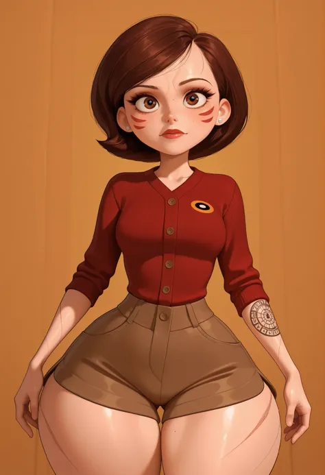 Helen Parr , a mature woman, medium  hair, beans_cut, brown  hair, brown eyes, big eyes, long eyelashes, middle chest, narrow waist, thick hips, huge thighs, fair skin, thin arms, earrings, makeup, pink lips, lipstick.|  masterpiece, better quality, inside...