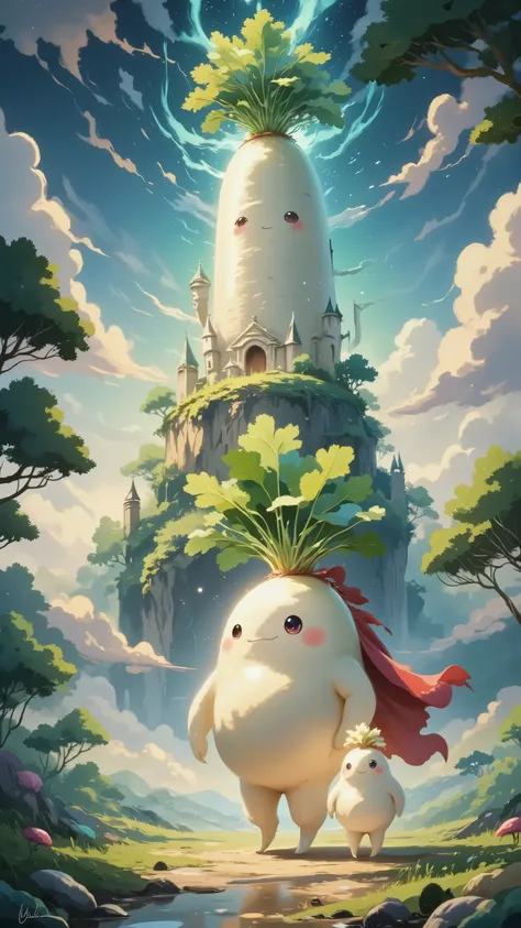 ,,,,daikon,chubby daikon with arms and legs,Prince Daikon and Princess Daikon from the Daikon Kingdom、The background is Daikon Castle, Daikon Castle is shaped like a radish,Prince Daikon is wearing a red cape,Radish leaves growing from the castle tower,
a ...