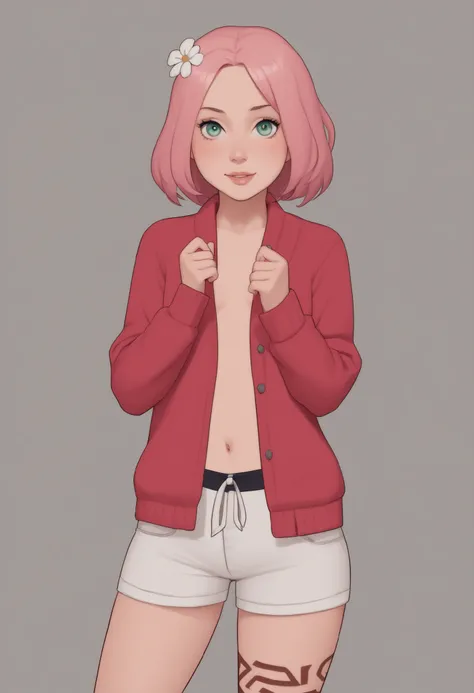 Sakura Haruno. small breasts, huge hips, pink hair, medium hair, light green eyes, thin lips, very fair skin, big forehead. | masterpiece, best quality, incoth, (incase:0.6), (dynamic:1), stylized, 1girl, detailed face, face_paint, freckles, tribal arm tat...