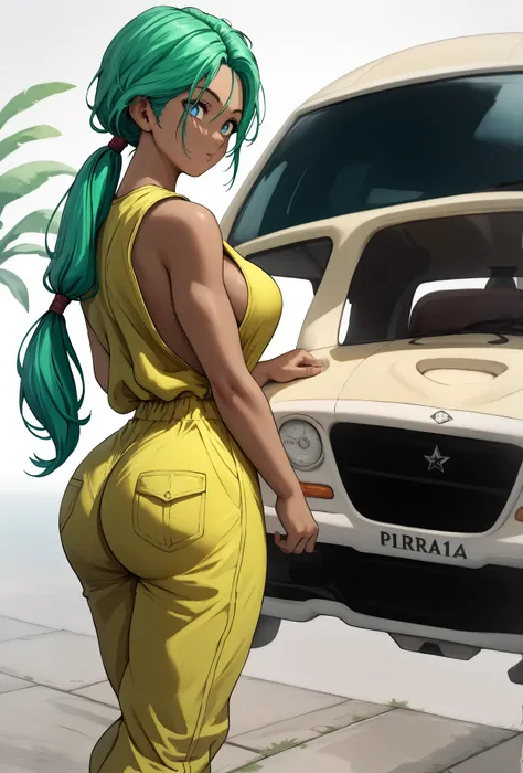 1, dark-skinned woman, blue-green hair, medium length hair, Yellow jumpsuit,4k,8k,detailed,best quality,loose clothing, blue eyes, curvy body , long Ponytail , Low ponytail 