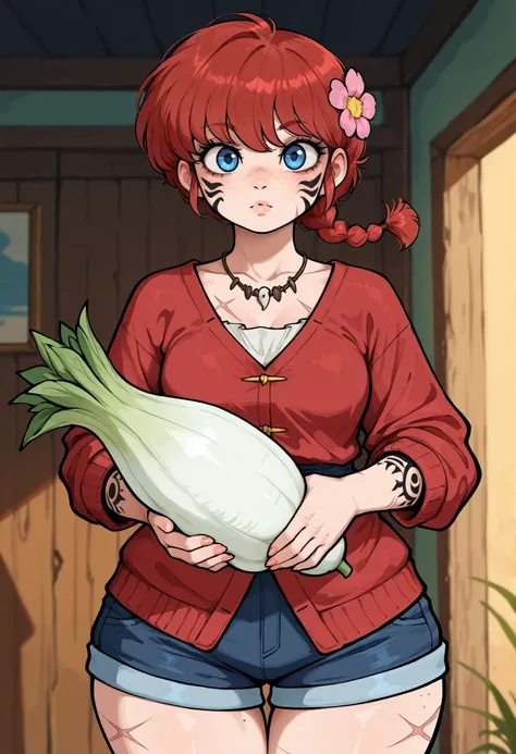 safe_pos, Ranma Saotome. red hair. pigtail. blue eyes. braid. small breasts. huge hips. necklace. black eyeliner. pink manicure. | masterpiece, best quality, incoth, (incase:0.6), (dynamic:1), stylized, 1girl, detailed face, face_paint, freckles, tribal ar...