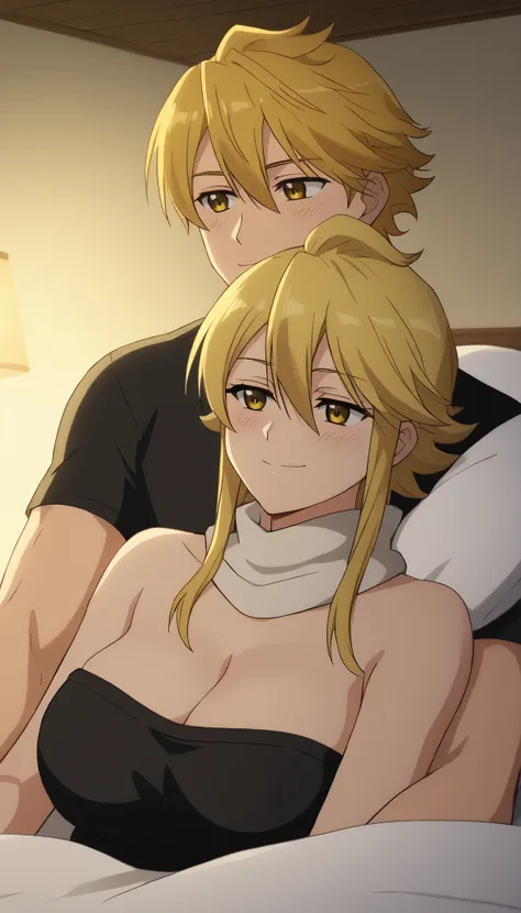 *"Couple, male and female, Leone and Arthur Pendragon, sleeping on a bed, Leone being hugged from behind by Arthur, intimate cuddling, Arthur wearing black t shirt, Leone with large breasts, black tube, cleavage, smile, yellow eyes, bare shoulders, hair be...