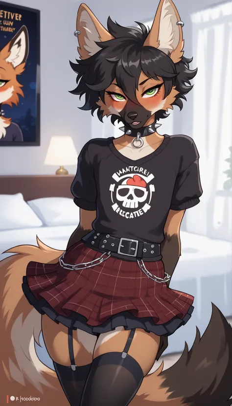 ((maned wolf)), male maned wolf, long eyelashes, dark green eyes, by Riolutiny, femboy, flat chest, neck tuft, solo, extremely detailed fur, short wavy hair, black hair, perfect skinny body, seductive, natural lighting, Fluffy fur, black spiked choker, ear...