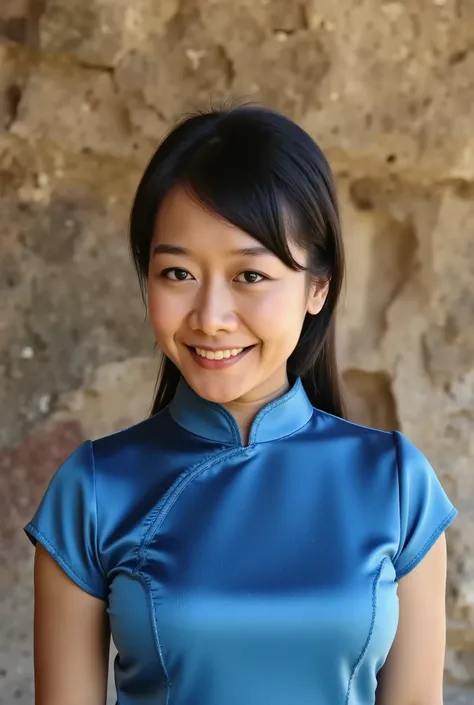 asian beauty, facing the camera, smiling,blue silk cheongsam, short sleeve, proud figure, Tyndall effect, cave murals in the background, full body close-up, Fuji film filter, octane rendering, photo-realistic style, light and shadow reflections, high image...