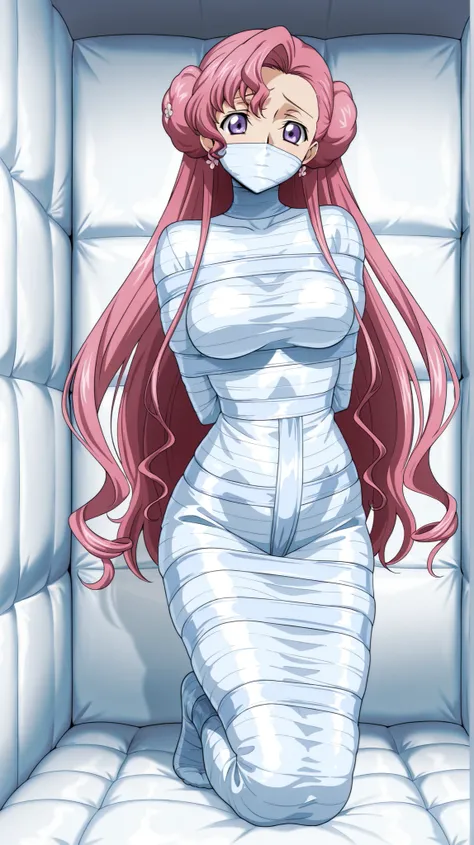 ,Code Geass: Hangyaku no Lelouch,euphemia li britannia, doughnut hair bun, hair bun, hair flower, hair ornament, long hair, pink hair, purple eyes, mature female, breasts,

,White bandage,All White tape,Mummification Bondage of White,White mummy,White mumm...