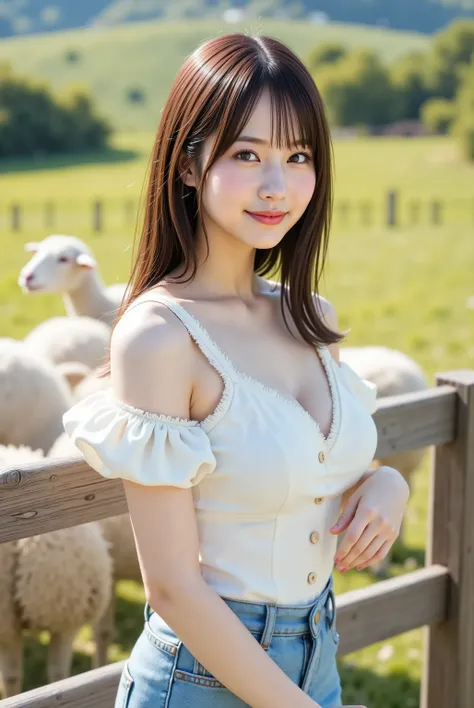 sakura,professional photography, masterpiece, high resolution, a knee-up portrait of a 20-year-old gentle Japanese woman with a sweet and caring smail, standing by a wooden fence in a sunny pasture at a farm. She has delicate Japanese facial features, a so...