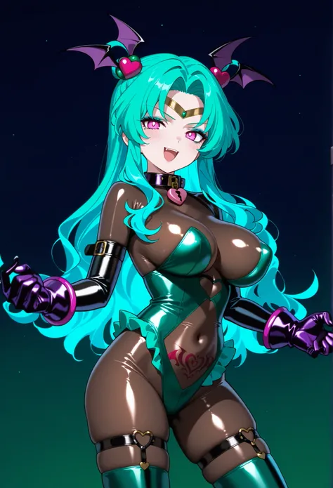 Sailor Neptune.  aqua colored hair. wavy hair. Black Bangle on Forehead. pink eyes. Villain Eye Shadow. makeup. indecent smile. bat hair accessory. shiny costume. Black Latex. Wicked Magical Girl Costume. Green decoration. Brown Bodysuit. Heart Strap Leg B...
