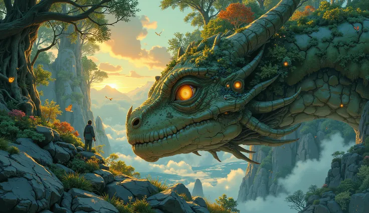 Award-winning epic fantasy digital painting, masterpiece, hyper-detailed, photorealistic textures, 8k resolution. A dramatic close-up shot focusing on a vibrant, thriving ecosystem teeming with life upon the back of a colossal, world-bearing dragon. The gr...