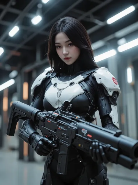 Future Female Warrior , Japanese, dark haired, cybersuit, cleavage, I'm holding a big gun, High Quality, photorealistic, 4K Rendering, Detailed Details, Vivid Colors, bokeh, science-based rendering holding a large electron gun, Craftsmanship, masterpiece, ...