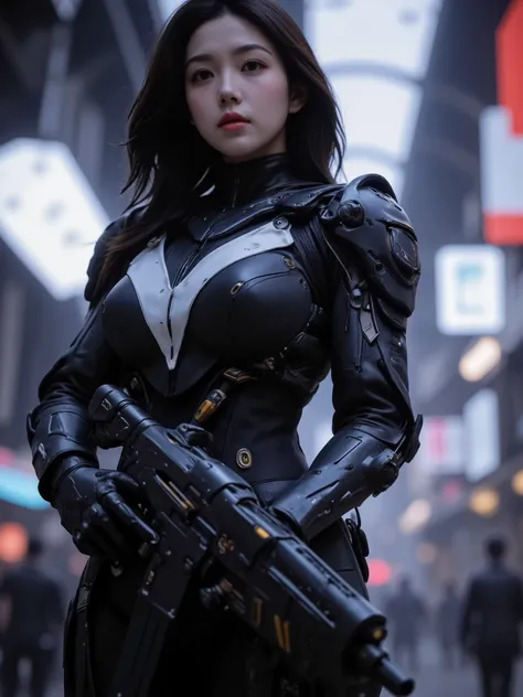 Future Female Warrior , Japanese, dark haired, cybersuit, cleavage, I'm holding a big gun, High Quality, photorealistic, 4K Rendering, Detailed Details, Vivid Colors, bokeh, science-based rendering holding a large electron gun, Craftsmanship, masterpiece, ...