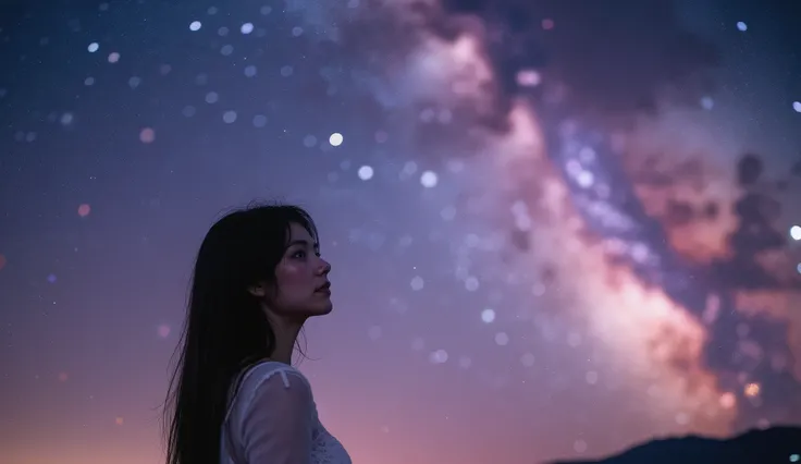 A stunning, semi-realistic cinematic portrait of a young, beautiful Asian woman standing under a vast, starry night sky filled with vibrant galaxies and glowing nebulae. The galaxy swirls in pinks, purples, and deep blues, wrapping around her like a dream....