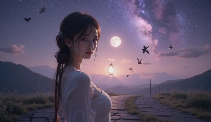 A cinematic, semi-realistic portrait of a young, beautiful Asian woman standing alone in a vast dreamscape at twilight. She is shown in half-body view, her expression filled with quiet strength, sorrow, and reflection. Her eyes glisten faintly as if holdin...