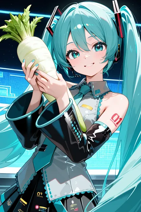 1girl,hatsune miku,smile,cyber space,grabbing daikon her both hands,