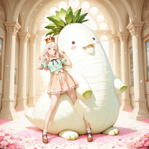 masterpiece, best quality, super realistic giant daikon sculpture, oversized white radish with detailed texture, displayed in a bright pastel art gallery, flower petals around the base, decorative leafy top styled like a crown, 1girl, cute casual outfit, short skirt, big ribbon, cheerful expression, posing beside the daikon like a fan, peace sign, soft lighting, art museum atmosphere, playful yet elegant, vibrant color palette
