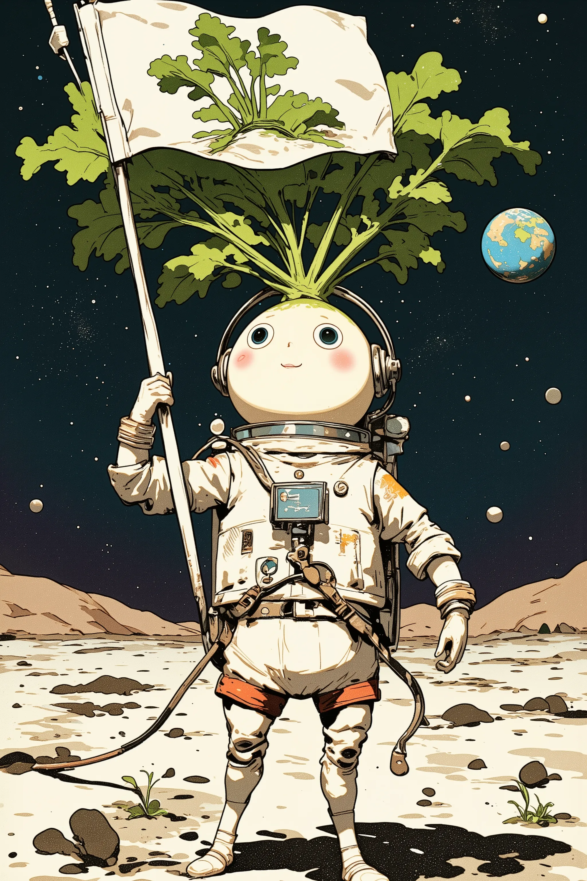 Closeup of daikon wearing a spacesuit on the lunar surface, large round face, comic,Gonzo, muppet punk,The moment a flag with a picture of a daikon is raised on the lunar surface,Style daikon ,Earth and stars background on the lunar surface, comicスケッチ,Gonz...
