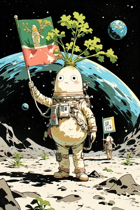 Closeup of daikon wearing a spacesuit on the lunar surface, large round face, comic,Gonzo, muppet punk,The moment a flag with a picture of a daikon is raised on the lunar surface,Style daikon ,Earth and stars background on the lunar surface, comicスケッチ,Gonz...